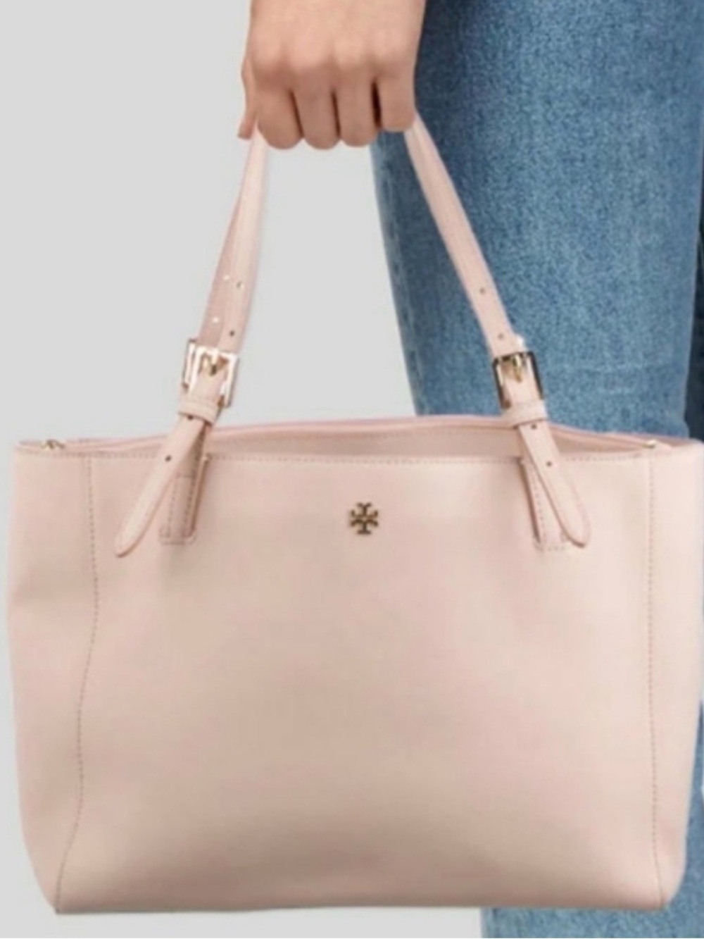 Tory Burch Blush Leather Double-Handle Tote with Gold Logo